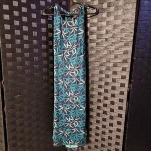 prAna Dress Womens Large Blue Green Leaf Print Racerback Pockets Outdoors